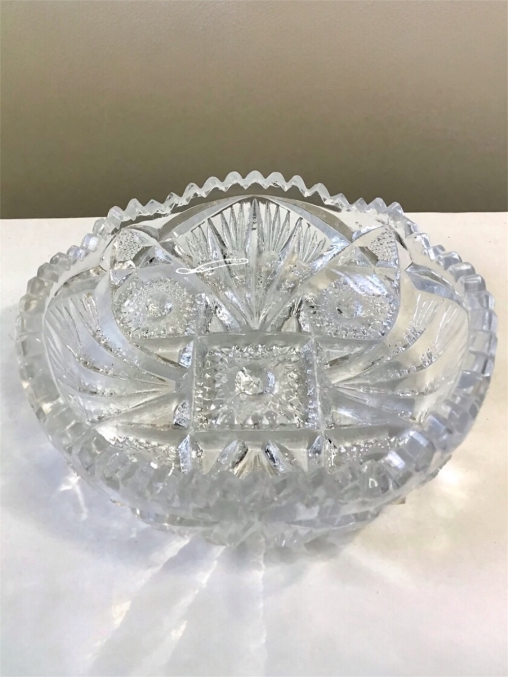 Vintage Imperial Glass Nucut Bowl Sawtooth Rim Clear Round Candy Trinket Dish